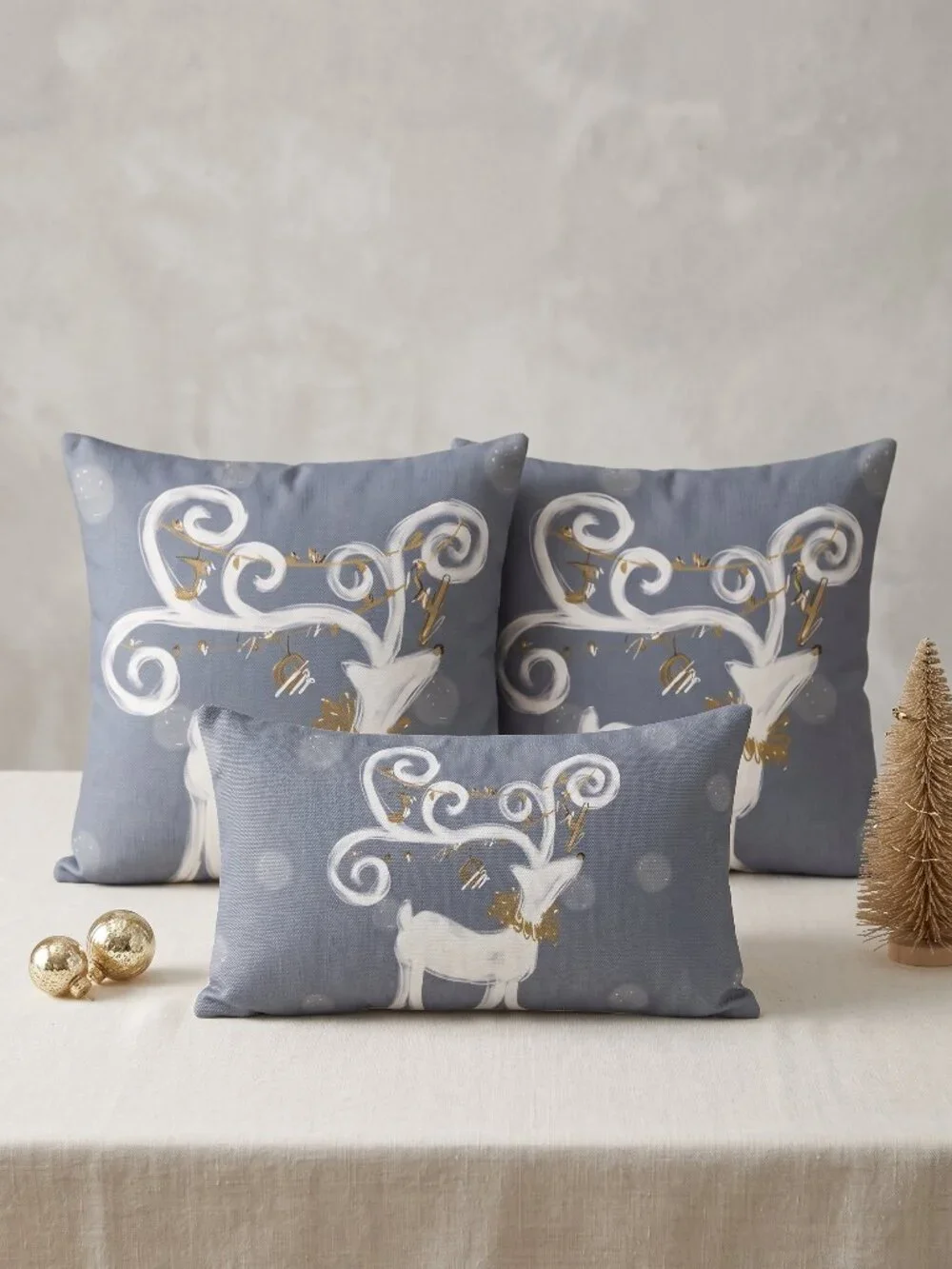 Christmas Throw Pillow Cover Set of 3 Whimsical Reindeer Gray Gold 18x18 Lumbar